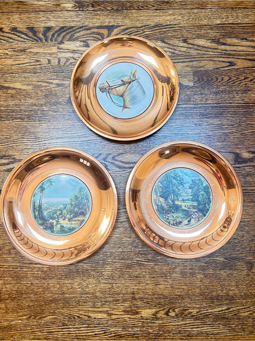 Vintage Copper Tone Decorative Wall Plates with Scenic and Equestrian Inserts